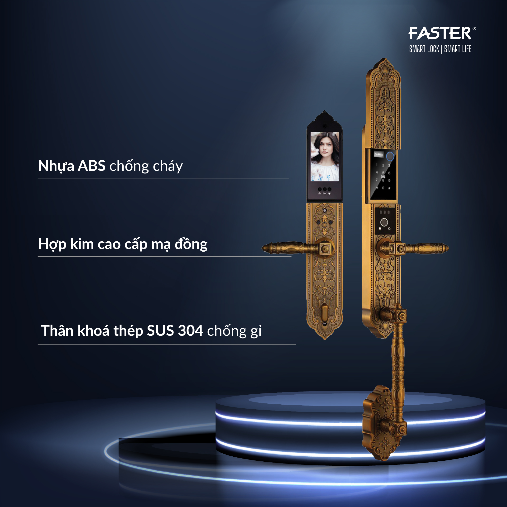 Khóa cửa đại sảnh FS009 GB BRASS Khóa cửa thông minh Faster Khóa cửa vân tay Faster Khóa cửa thông minh thẻ từ Khóa cửa thông minh khuôn mặt Face ID Khóa cửa thông minh cửa gỗ Khóa cửa thông minh cửa nhôm Khóa cửa thông minh cửa sắt