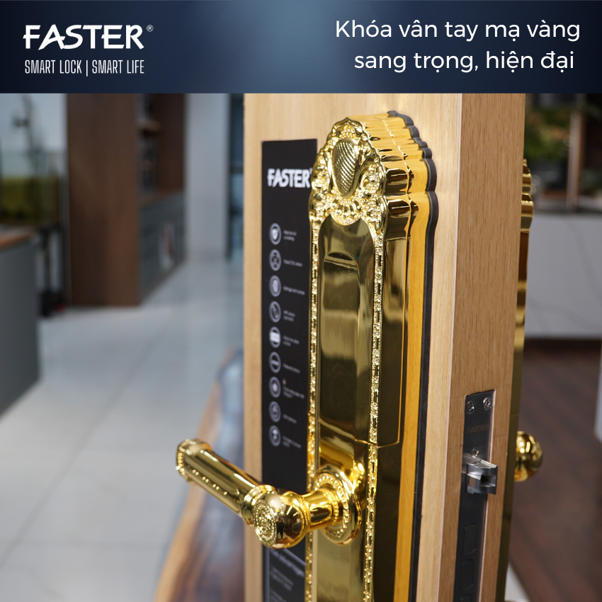 Top khóa vân tay mạ vàng sang trọng, chất lượng cao Khóa cửa thông minh Faster Khóa cửa vân tay Faster Khóa cửa thông minh thẻ từ Khóa cửa thông minh khuôn mặt Face ID Khóa cửa thông minh cửa gỗ Khóa cửa thông minh cửa nhôm Khóa cửa thông minh cửa sắt