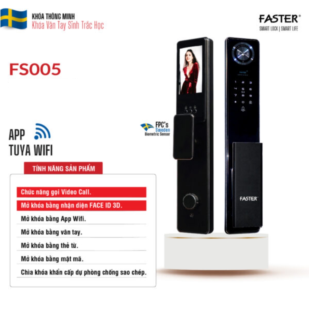 Khóa cửa nhận diện khuôn mặt FS005 Khóa cửa thông minh Faster Khóa cửa vân tay Faster Khóa cửa thông minh thẻ từ Khóa cửa thông minh khuôn mặt Face ID Khóa cửa thông minh cửa gỗ