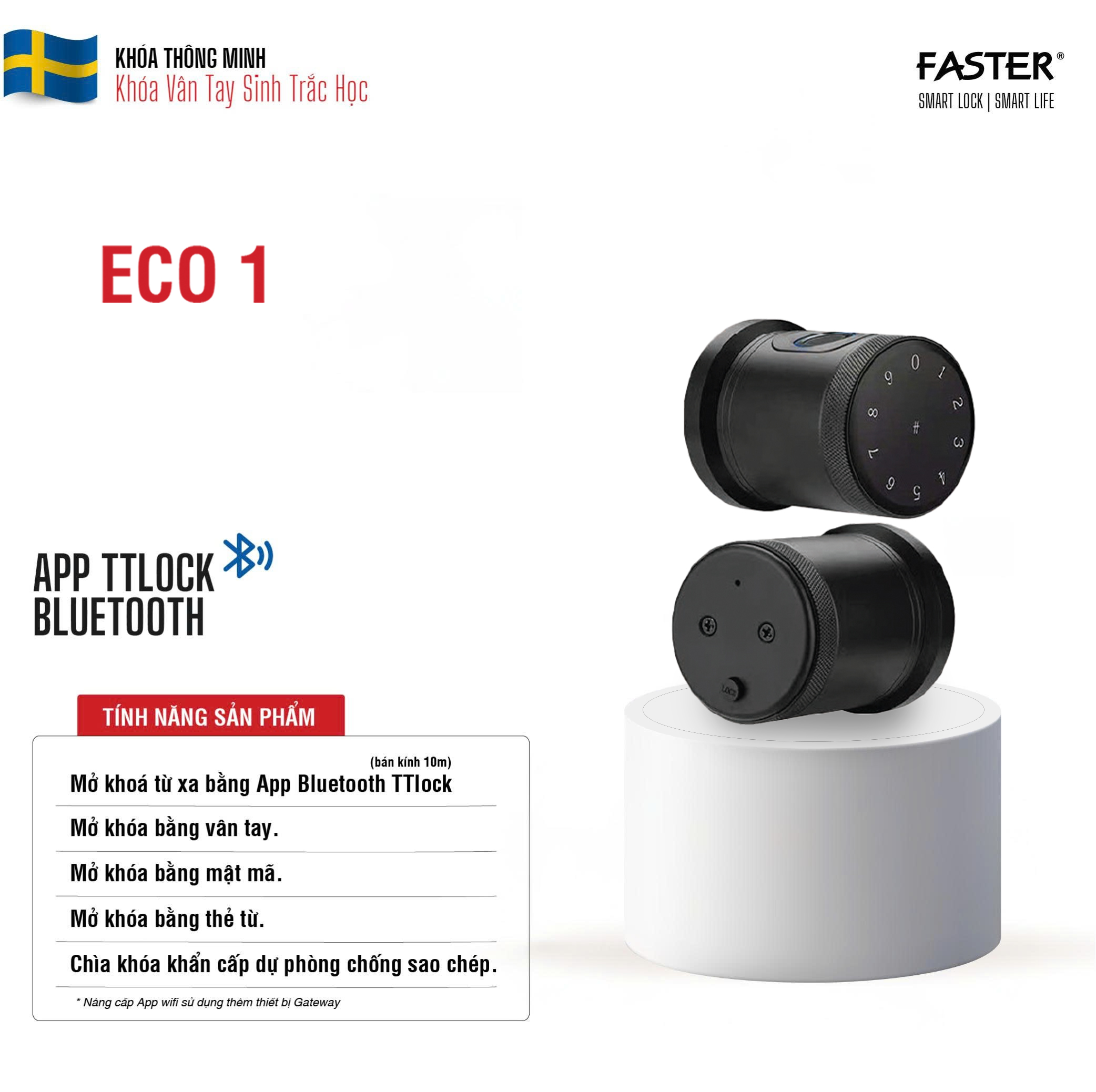 Khóa thông minh tay nắm tròn ECO 1 của Faster, mở khóa vân tay, thẻ từ, mật mã và Bluetooth