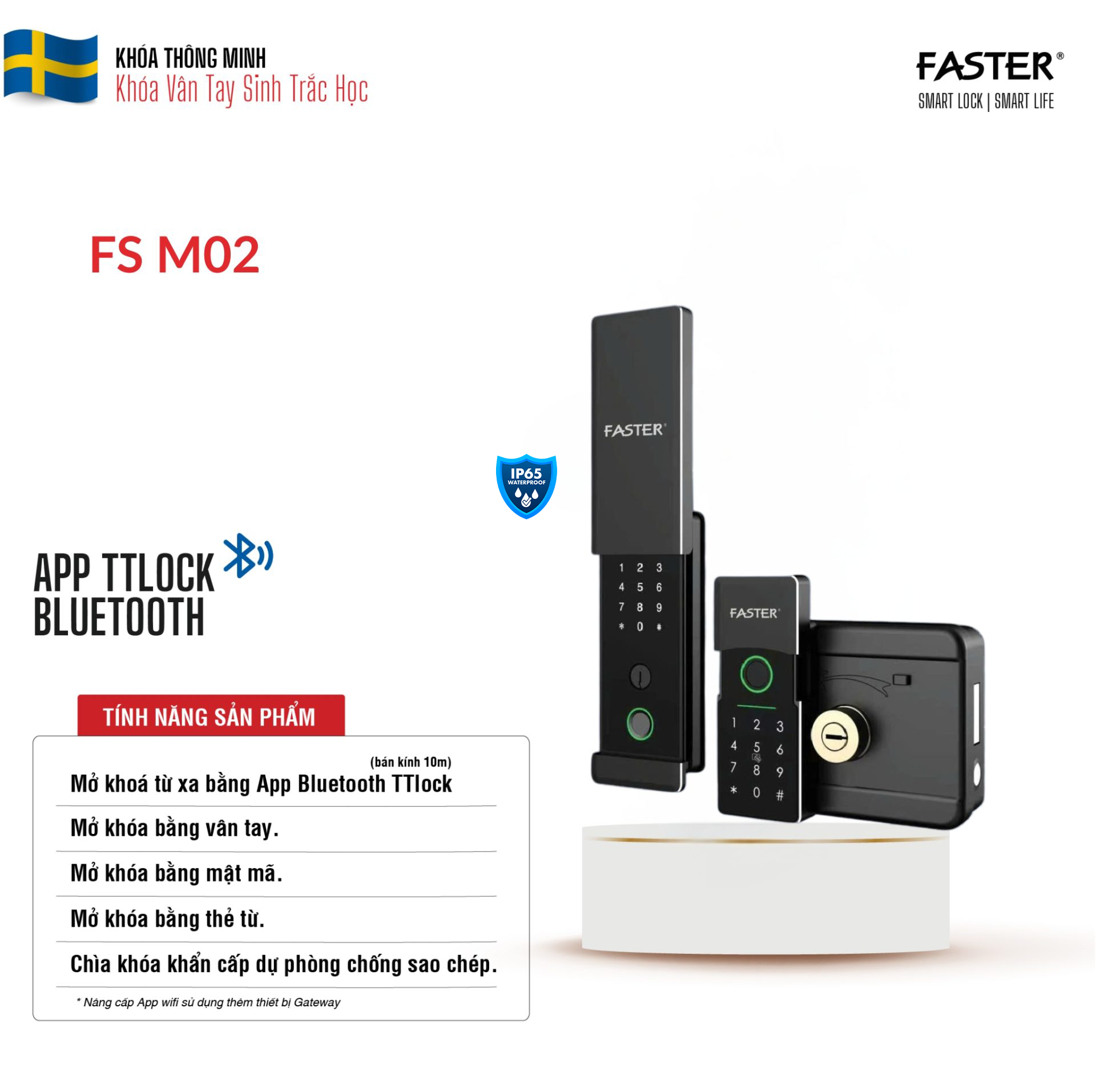 Khóa vân tay cửa cổng FS M02 Khóa cửa thông minh Faster Khóa cửa vân tay Faster Khóa cửa thông minh thẻ từ Khóa cửa thông minh khuôn mặt Face ID Khóa cửa thông minh cửa cổng